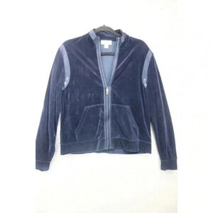 St. John Sport Blue Velvet Full Zip Bomber/Track Jacket-Size Medium-Satin Trim